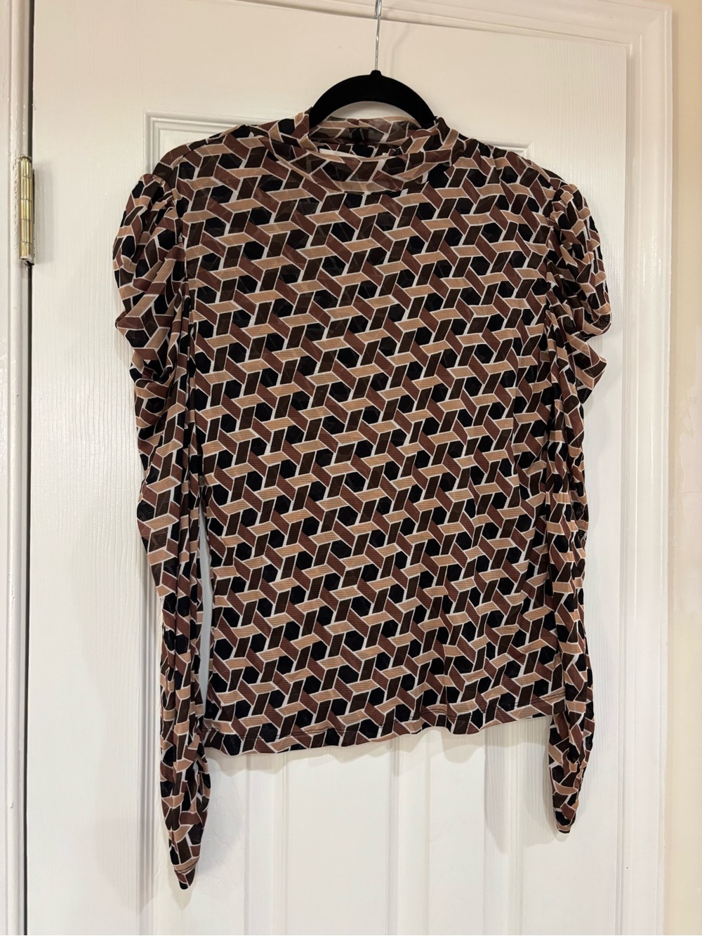 Diane Von Furstenberg Geometric Long Sleeve Top in Brown and Black